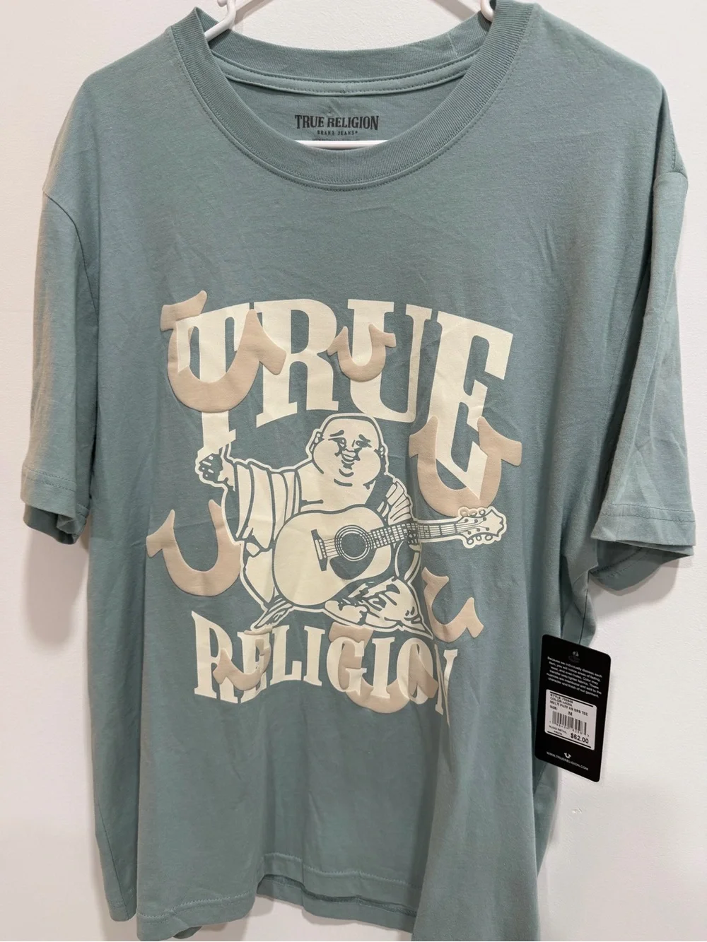 True Religion Sage Green Buddha Graphic Tee with Cream Print